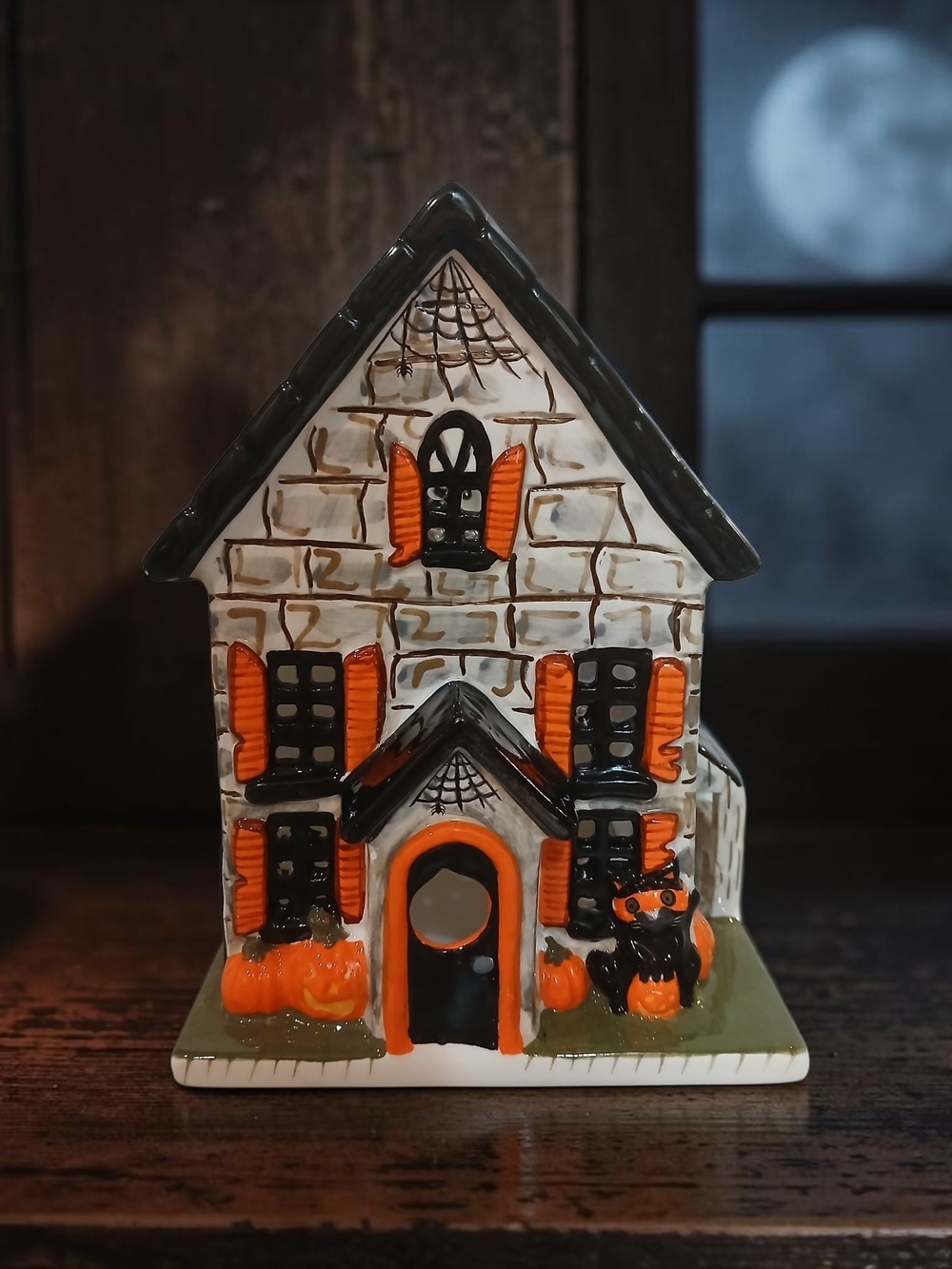 Ceramic Halloween Haunted House Tea Light Candle Luminary - Orange & Black